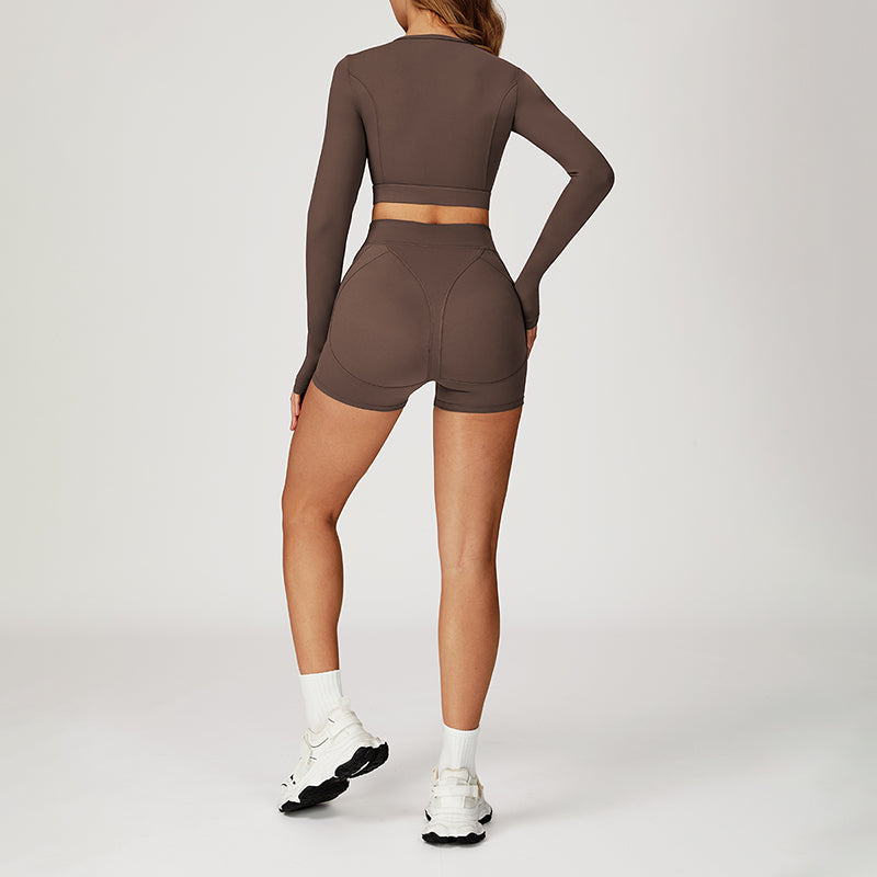 Round-neck long-sleeve high-waist fitted top+High-waist shorts 2-PIECE SET