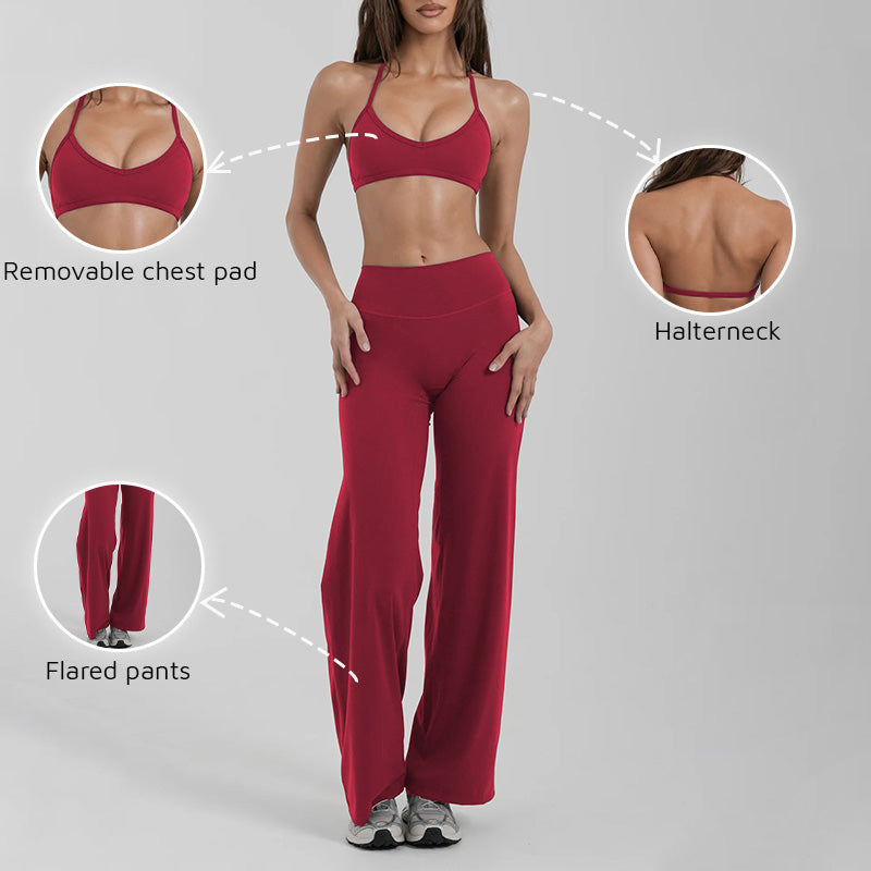Halter-neck backless bra + loose wide-leg pants 2-piece set