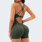 Wholesale Women's Seamless Leopard Print Yoga Bodysuit – Spaghetti Strap Open-Back Athletic Shorts Jumpsuit