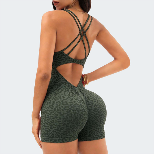 Wholesale Women's Seamless Leopard Print Yoga Bodysuit – Spaghetti Strap Open-Back Athletic Shorts Jumpsuit