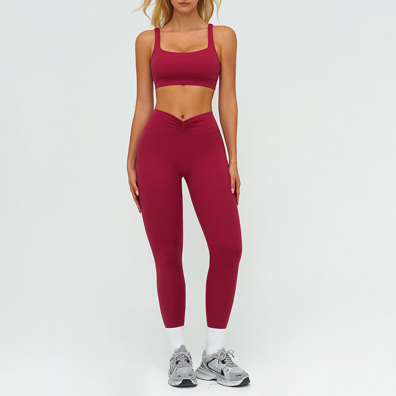 Square neckline backless sports bra+athletic slimming leggings 2-piece set