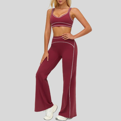 Contrasting bra with removable bra pads+High-waisted wide-leg pants 2-piece set