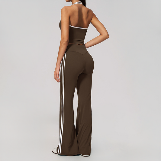 Wholesale Women's Bare-Feel Color-Block Tank Top & High waisted flared pants Set