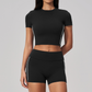 Wholesale Women's Brushed Short Sleeve Crop Top & High-Waist Shorts Set – Padded Yoga Fitness 2-Piece