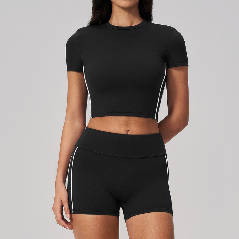Wholesale Women's Brushed Short Sleeve Crop Top & High-Waist Shorts Set – Padded Yoga Fitness 2-Piece