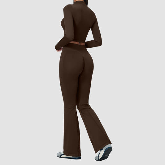 Wholesale Women's Stand-Collar Zip Jacket & Flared Yoga Pants Set