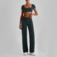 Wholesale Women's Short Sleeve Exposed Back Bra+Naked Feel Straight Leg Pants Yoga Set