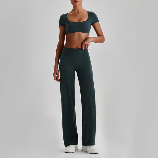 Wholesale Women's Short Sleeve Exposed Back Bra+Naked Feel Straight Leg Pants Yoga Set