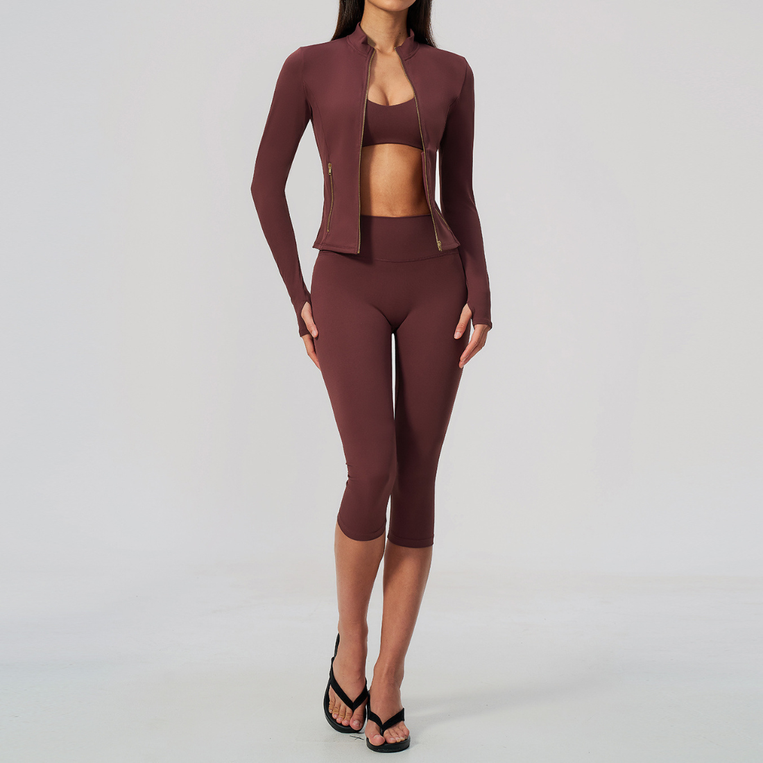 Wholesale Women Slimming Zipper Fitness High Waist Tummy Control Yoga Sports Three-Piece Set