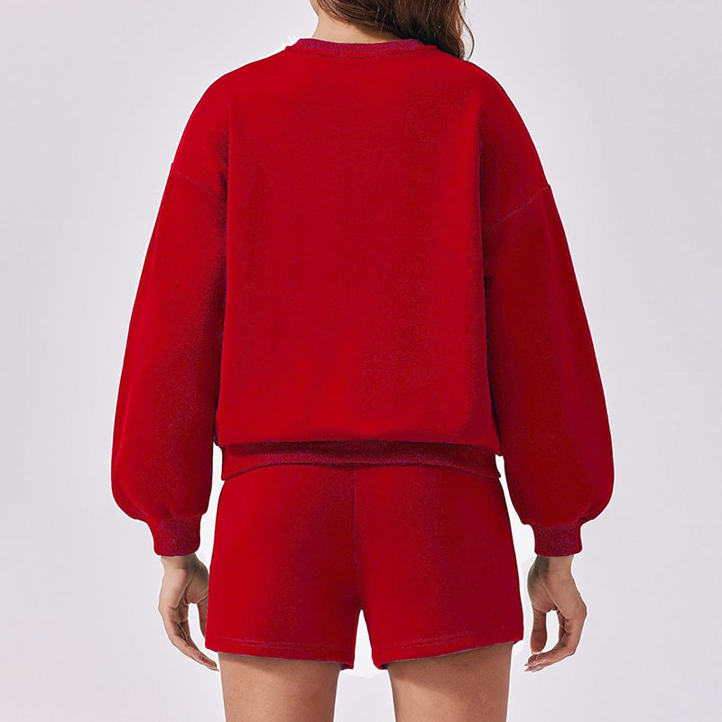 Round neck loose casual sweatshirt+Loose-fitting athletic shorts 2-piece set
