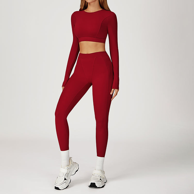 Round-neck long-sleeve high-waist fitted top+HIGH WAIST LEGGINGS 2-PIECE SET
