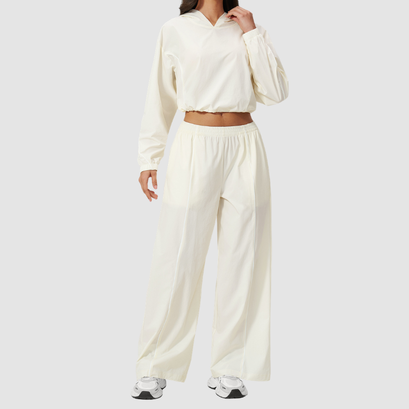 Wholesale Women's UPF50+ Sun Protection Hoodie Jacket + Wide-Leg Pants Set – Colorblock Outdoor Running Sportswear