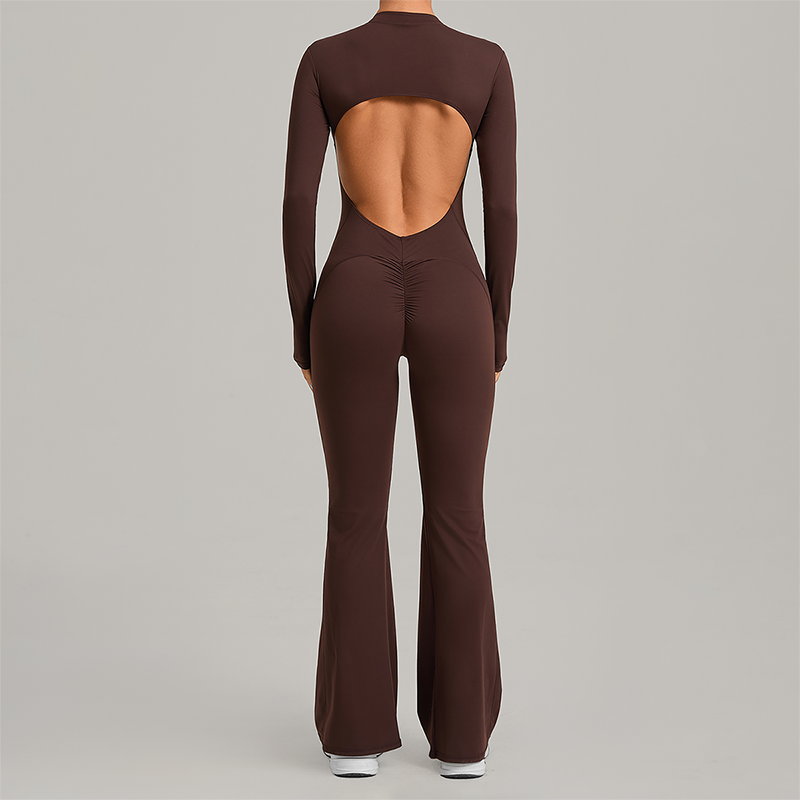 Zipper long sleeved backless fitness jumpsuit