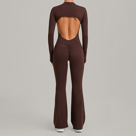 Zipper long sleeved backless fitness jumpsuit