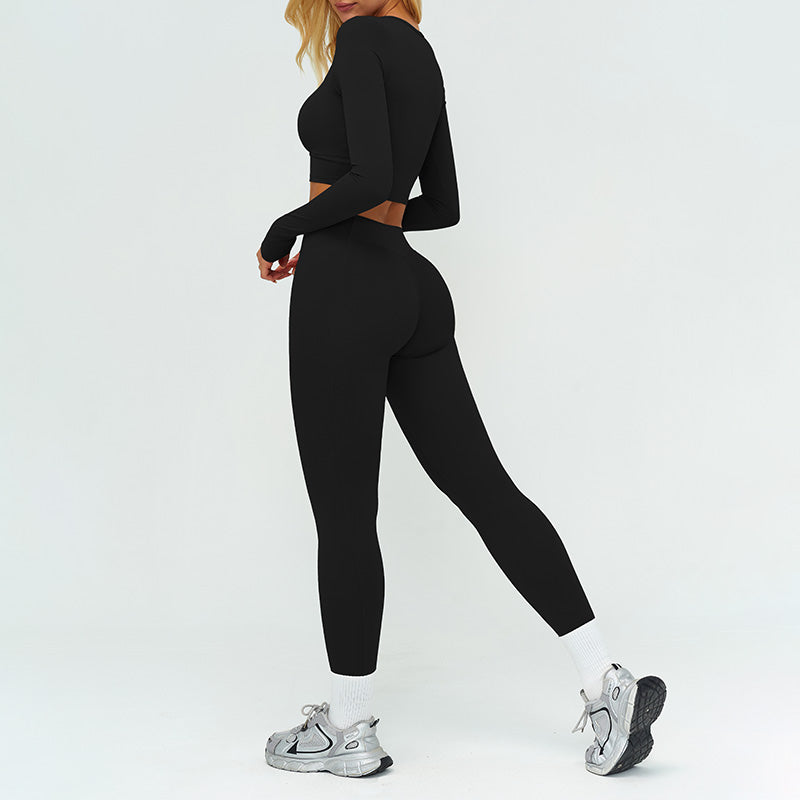 Slim-fitting long-sleeved top + tight-fitting athletic leggings 2-piece set