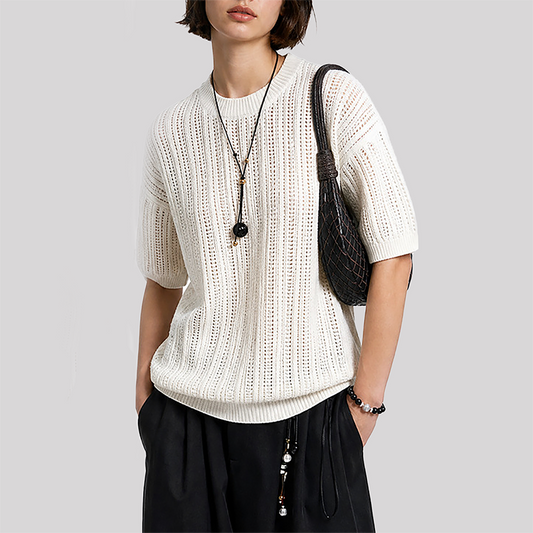 Wholesale unisex Old Money Style Knit T-Shirt – Striped Texture Short Sleeve