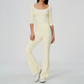 Wholesale Women's Round Neck Mid-Sleeve Tops + Flare Pants Yoga Set
