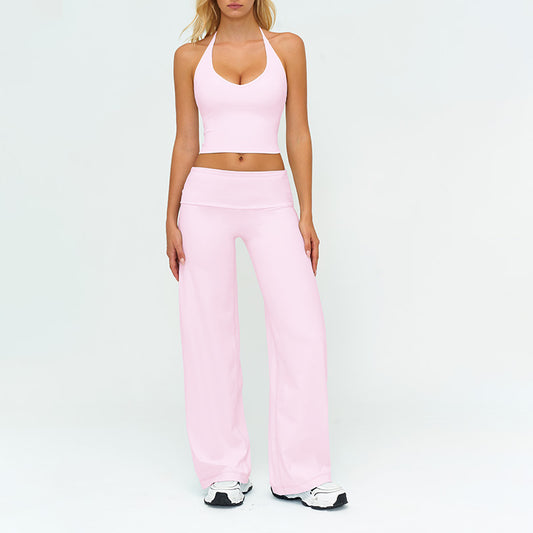 V-neck backless tank top + high-waisted loose wide-leg pants 2-piece set
