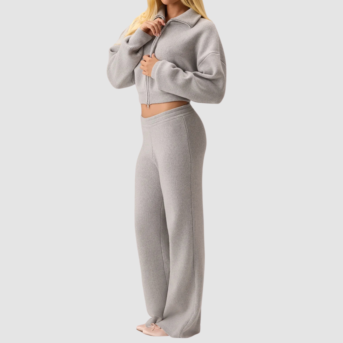 Wholesale Women's Sweaters Striped Stand-Collar Zip Knit Top & Flared Pants Set
