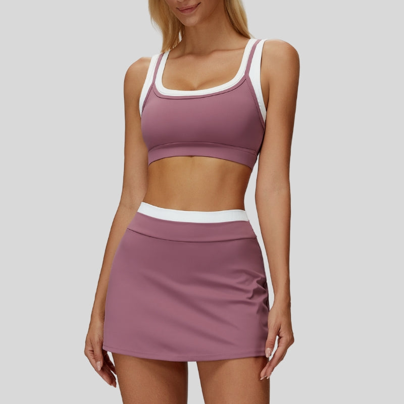 Contrast color sports bra + Anti-exposure short skirt
