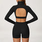 High-Neck Cropped Long Sleeve + Butt-Lifting Shorts 2-Piece Set