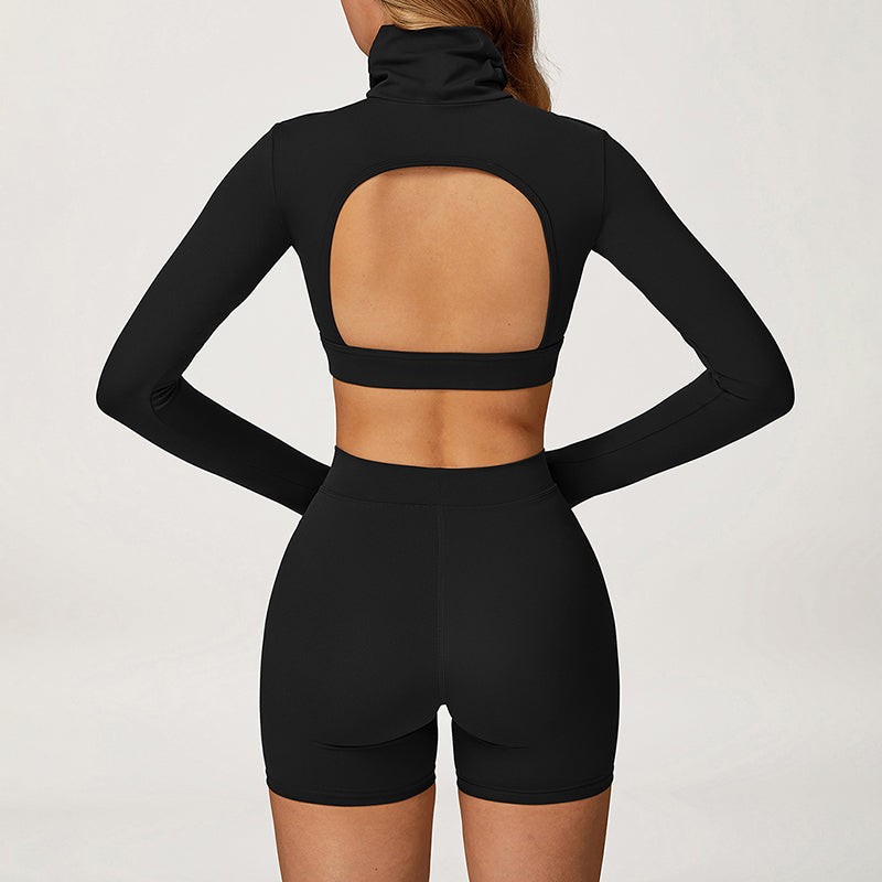 High-Neck Cropped Long Sleeve + Butt-Lifting Shorts 2-Piece Set