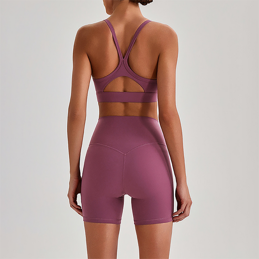Wholesale Brushed Naked-Feel Open-Back Sports Bra & High-Waist Shorts Set – Sculpting Yoga 2-Piece