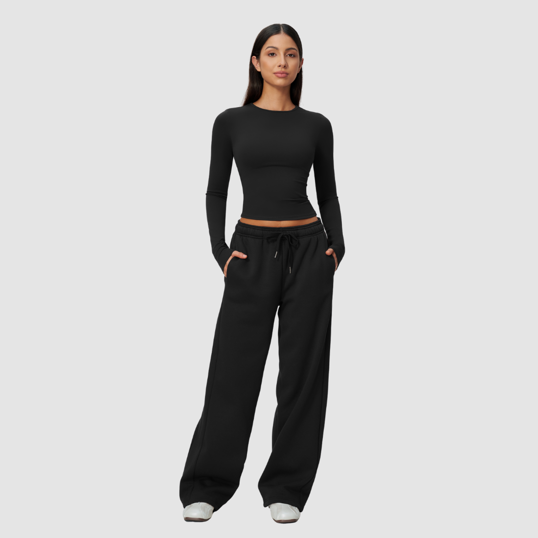 Wholesale Women's Nylon Spandex Activewear Set - Long Sleeve Tops & Wide-leg Pants