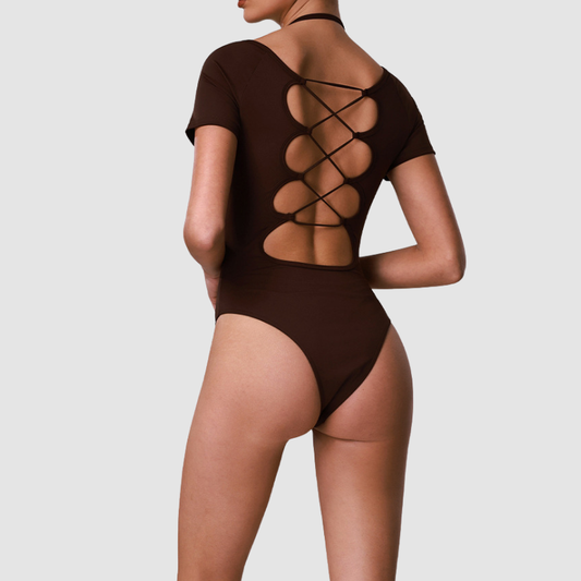 Wholesale Women's Cut-Out Open Back Short Sleeve Yoga Bodysuit – Built-In Bra Pad Gym Fitness One-Piece
