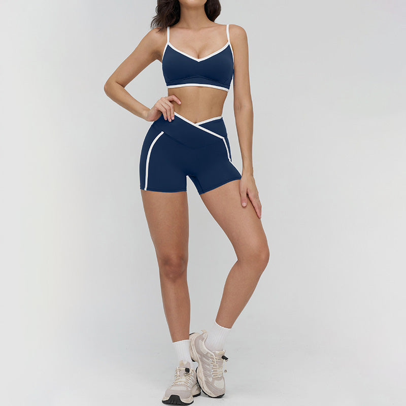 Women's Contrasting Color Thin Strap Sports Bra + Shorts 2-Piece Set