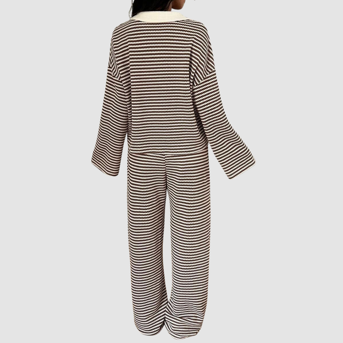 Wholesale Women's Striped Collared Lounge Set – Long Sleeve Top + Wide-Leg Pants