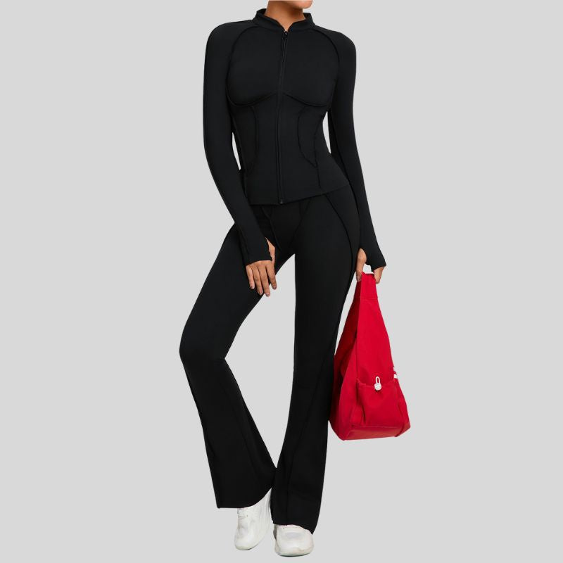 Thumb-buckle zipper jacket + slightly flared pants+2-piece set