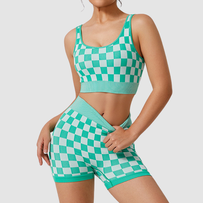 Wholesale Women's Checkerboard Yoga Set – Contrast Color Sports Bra and Shorts Set