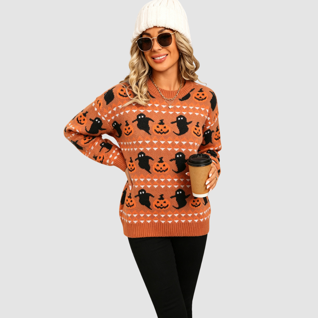 Wholesale Women's Halloween Witch Ghost & Pumpkin Knit Sweater – Loose Round-Neck Pullover
