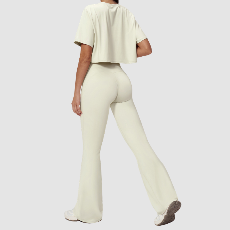Wholesale round neck short sleeved top+flared pants 2-piece set