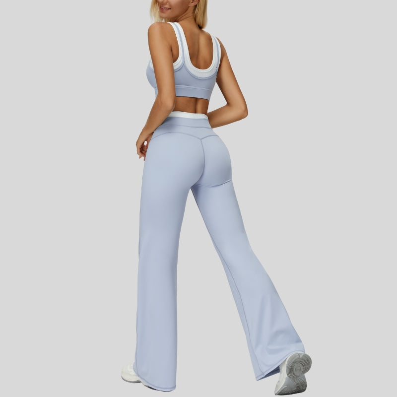 Contrast color sports bra + sport slightly flared pants 2-piece set