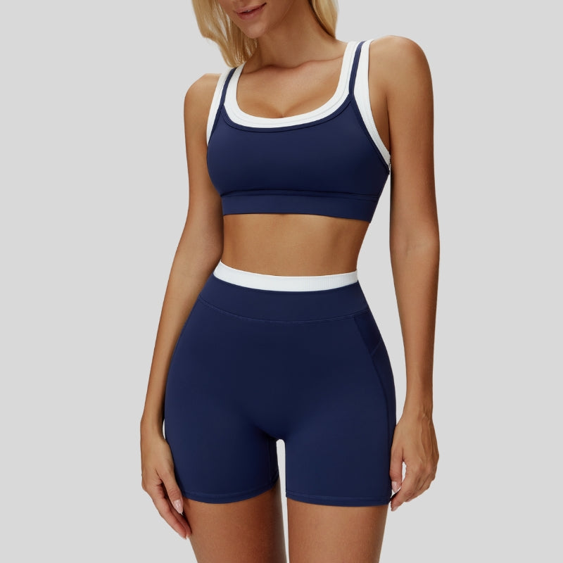 Contrast color sports bra + sports shorts 2-piece set