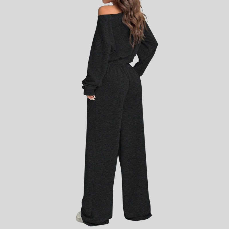 One-shoulder short sweatshirt + drawstring loose sweatpants 2-piece set