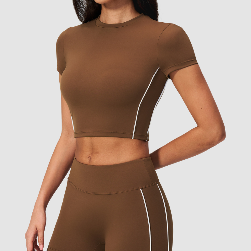 Wholesale Women's Brushed Contrast Piping Short Sleeve Crop Top – Moisture-Wicking Yoga Gym Fitness