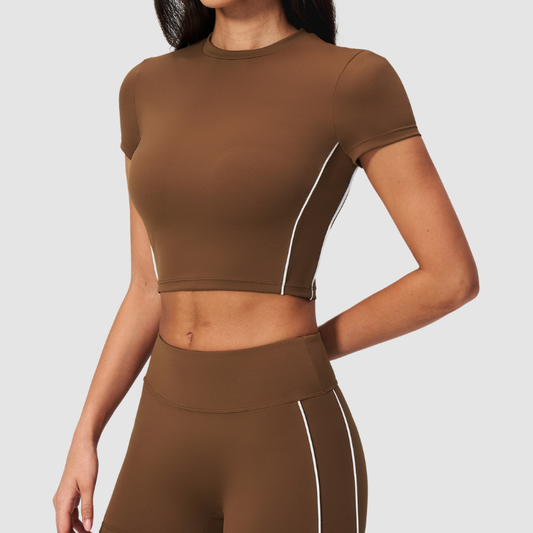Wholesale Women's Brushed Contrast Piping Short Sleeve Crop Top – Moisture-Wicking Yoga Gym Fitness