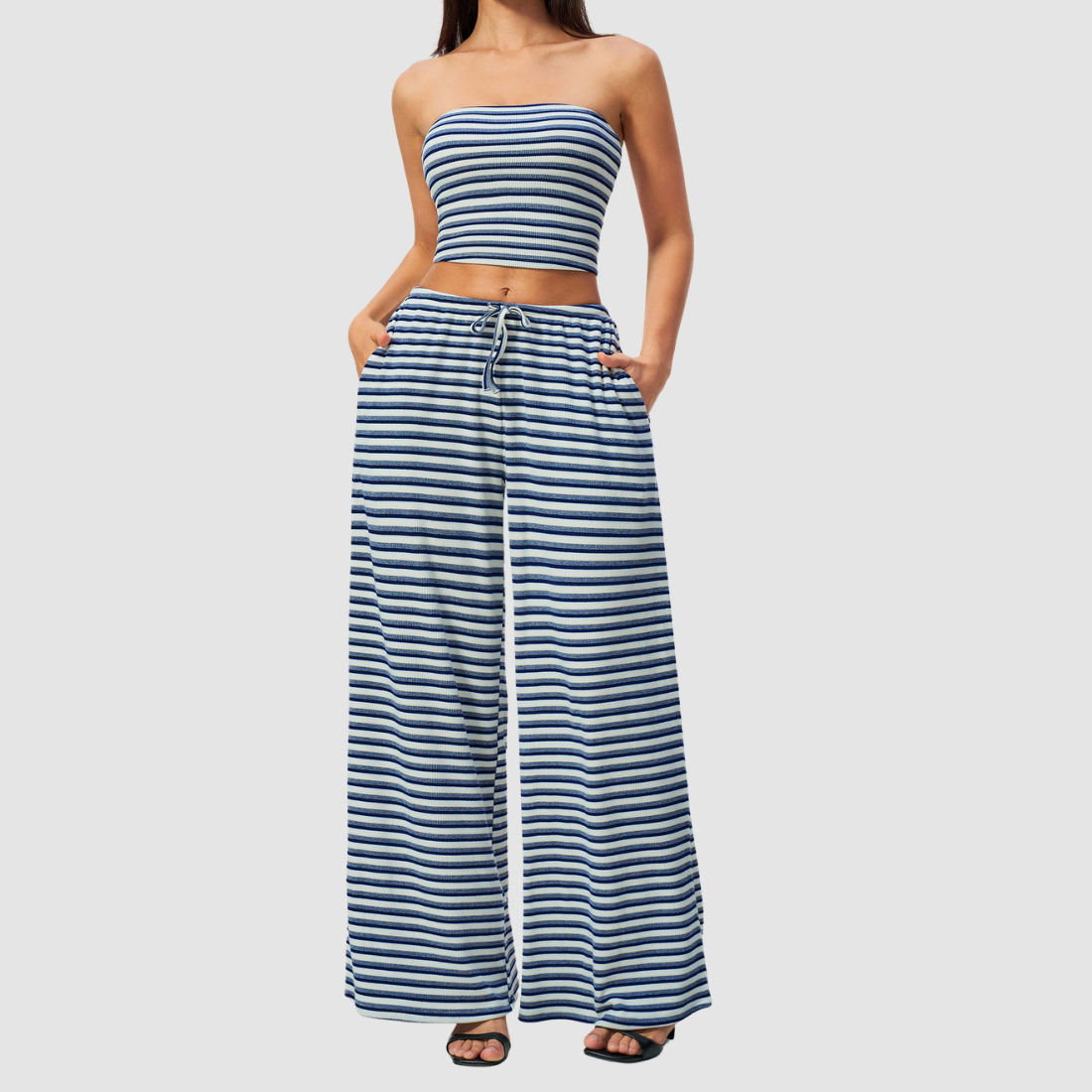 Wholesale Women's Stripe Tank Top & High-Waist Tummy Control Wide-Leg Pants