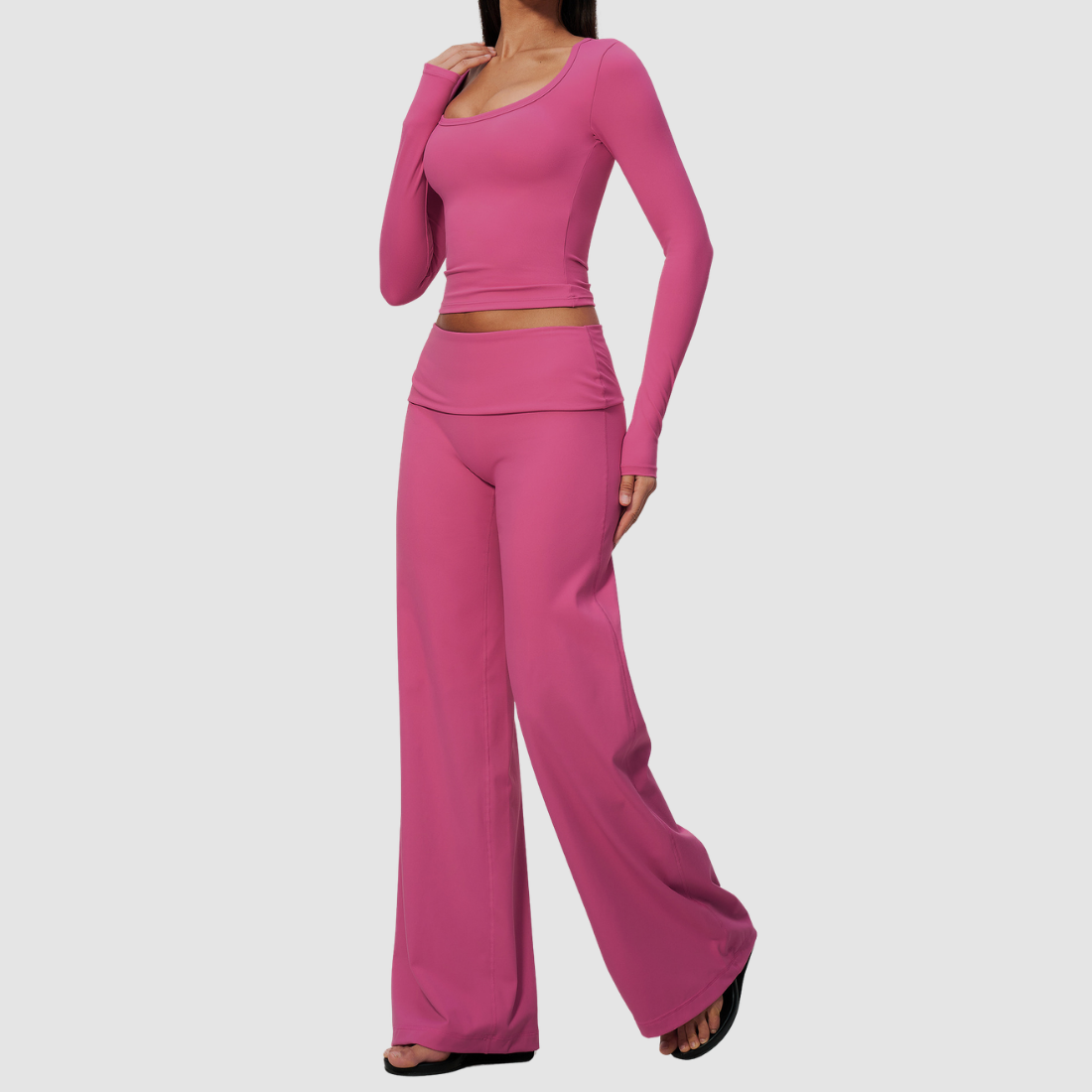 Wholesale Women's Brushed Yoga Set: Long-Sleeve Crop Top & Wide-Leg Pants