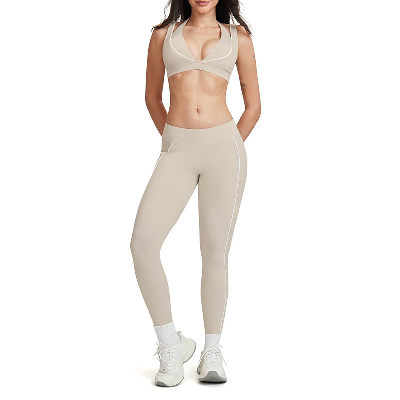 Color-block backless bra + high-waisted leggings 2-piece set