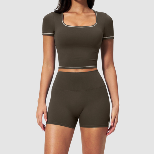 Wholesale Women's Seam-Detail Short Sleeve Crop Top + High-Waist Shorts Set – Butt-Lifting Yoga Gym Activeweare
