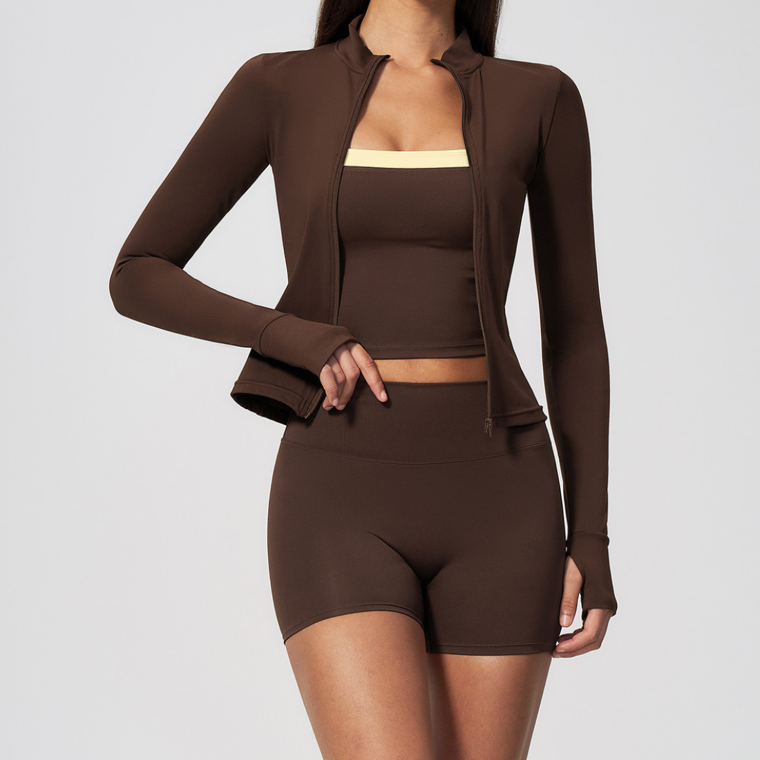 Wholesale 3-Piece Yoga Set – Cardigan Jacket & Bra & Shorts Fitness Outfit