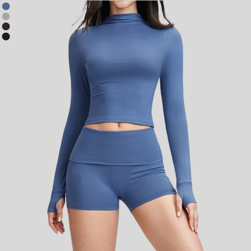 Yoga-inspired slim-fit long-sleeved top + tight-fitting shorts 2-piece set