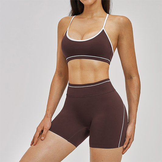 Wholesale Color Block Naked Yoga Halter Bra+Tight Shorts 2-Piece Set