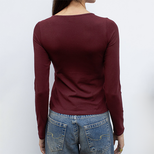 Wholesale Modal-Blend Tie-Front Bow Long-Sleeve Fitted T-Shirt – Elegant Slim-Fit Top