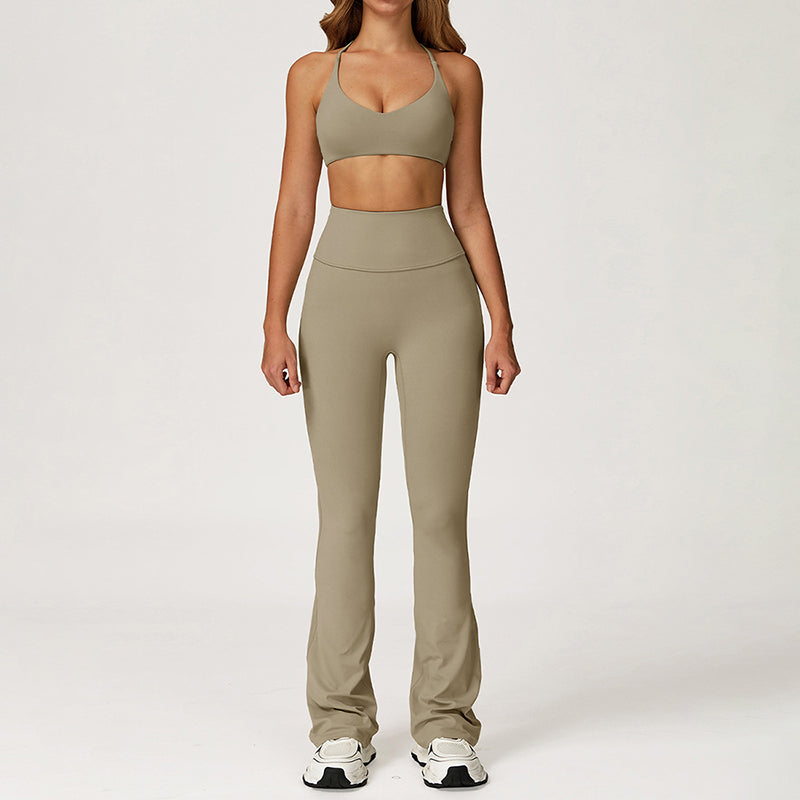 Cross-Back Sports Bra + Flared Leg Pants 2-Piece Set