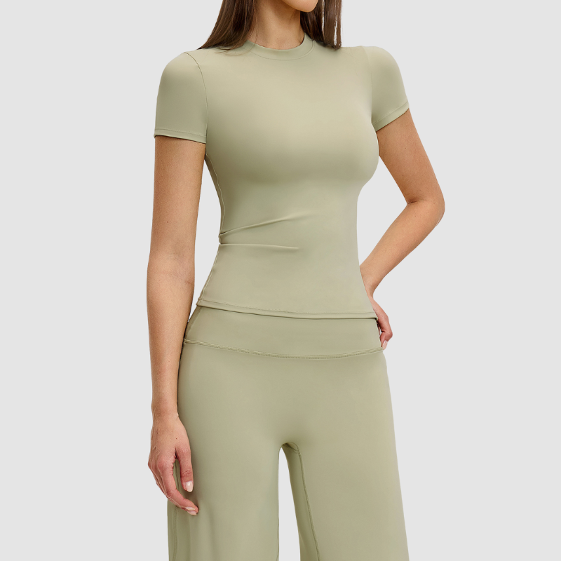 Manga corta cepillada y tapa de yoga redondo de cuello